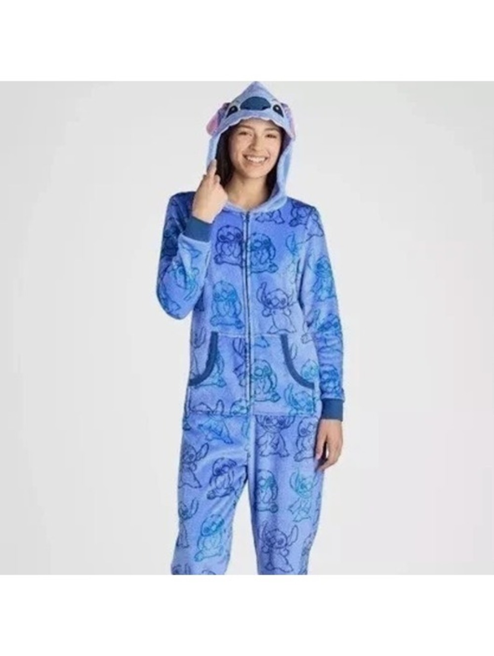 Disney Stitch Adult One Piece Pajamas Blue Hooded Zip-Up Lilo & Stitch (Size S)